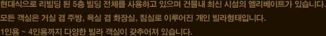 현대식으로 리빌딩 된 5층 빌딩 전체를 사용하고 있으며 건물내 최신 시설의 엘리베이트가 있습니다. 모든 객실은 거실 겸 주방, 욕실 겸 화장실, 침실로 이루어진 개인 빌라형태입니다. 1인용 ~ 4인용까지 다양한 빌라 객실이 갖추어져 있습니다.